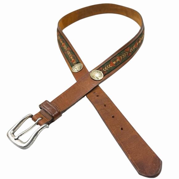 VINTAGE MENS BRIGHTON WESTERN LEATHER BELT SOUTHWEST FABRIC BUFFALO NICKEL SZ 36 - Picture 1 of 6